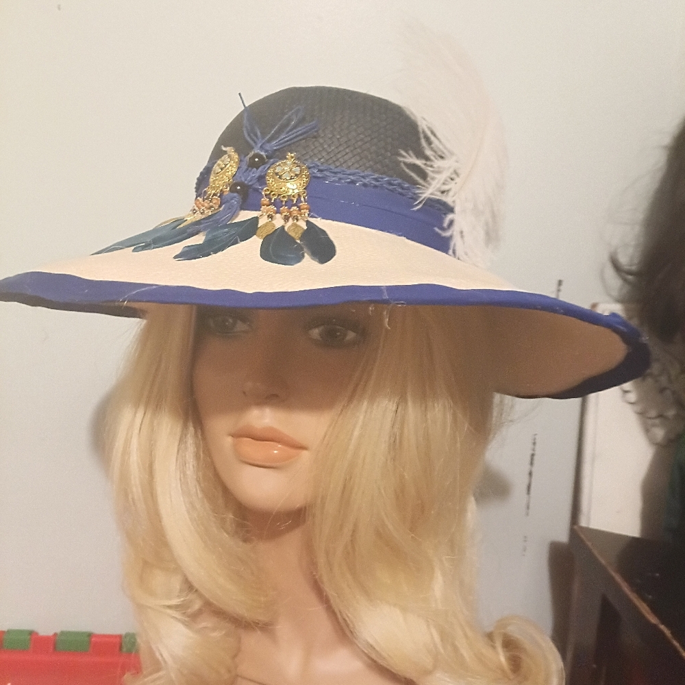 Elegant Blue and Cream Wide-Brim Hat
